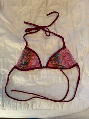 Maroon Trim Triangle Bikini Top with Multicolor Print
